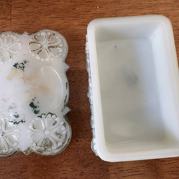 Victorian Milk Glass Trinket Box – Hand-Painted Floral Scroll Design - Picture 5 of 5
